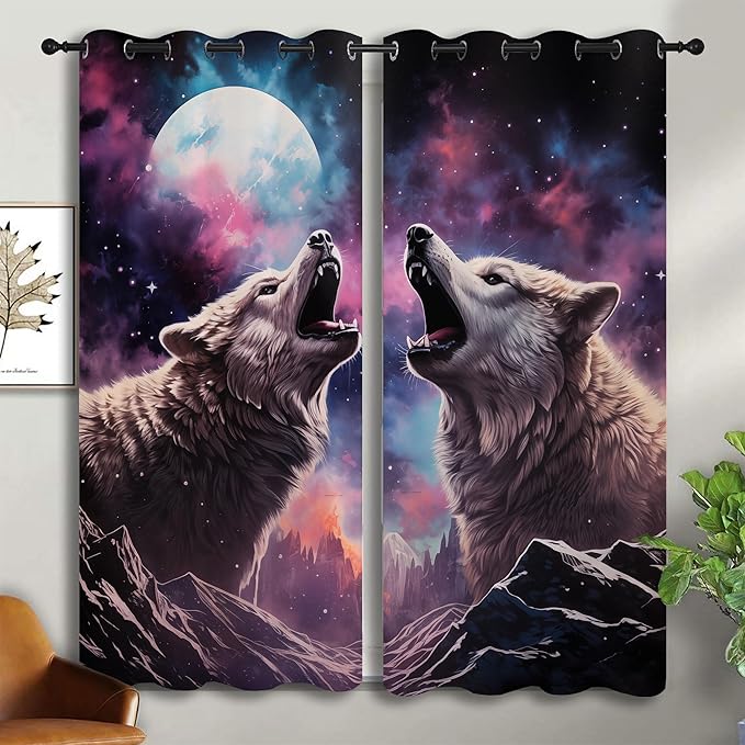 Wolf Blackout Curtains for Boys Girl Bedroom Decor,Fantasy Starry Sky Galaxy Forest Wildlife Thermal Insulated Grommet Drapes Darkening Window Curtain for Living Room Home 42x45 inch