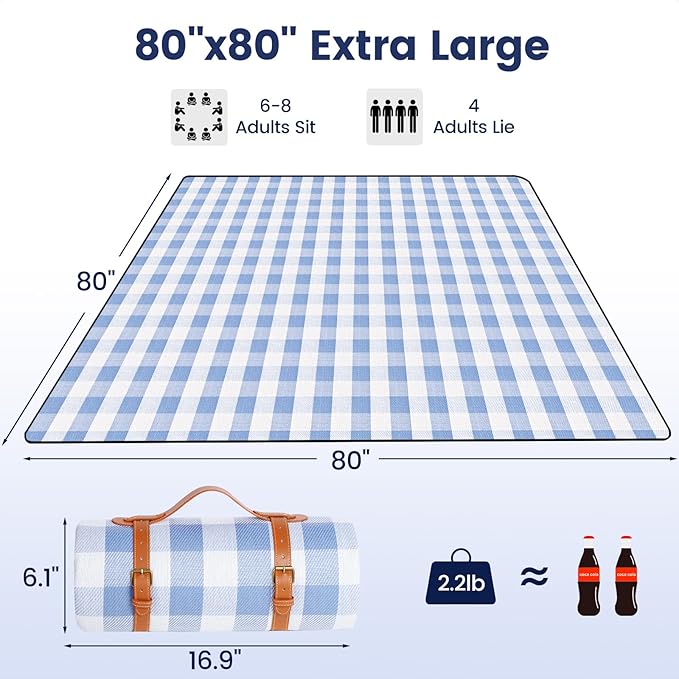 sapsisel 80”x 80” Picnic Blanket Extra Large, Waterproof and Foldable Beach Blanket, 3-Layer Outdoor Blanket for 6 to 8 Adults, for Camping, Park, Beach, Grass, Indoors…
