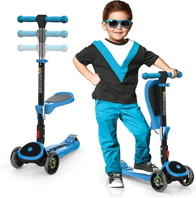 SKIDEE Kick Scooters for Kids Ages 3-5, Adjustable Height Foldable Scooter with Removable Seat, 3 LED Light Wheels, Rear Brake, Wide Standing Board, Suitable Up to 12 Year Old Boys/Girls
