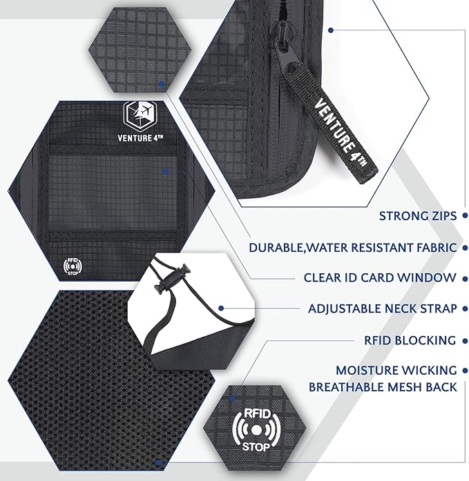 VENTURE 4TH Passport Holder Neck Wallet with RFID Blocking Nylon Lining - Hidden Neck Pouch for Travel (Pure Black)