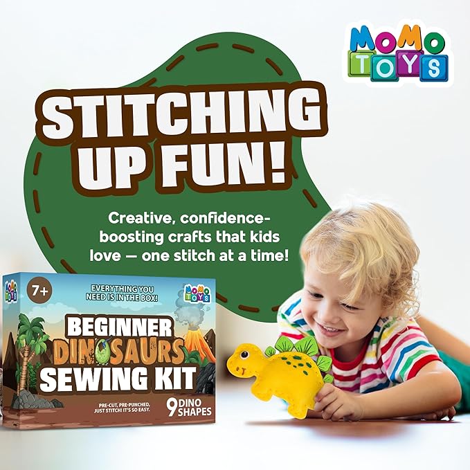 MOMOTOYS Dinosaurs World Beginner Sewing Kit for Kids Ages 7+ – Includes 9 Kids Sewing Projects w/Tools & Art Supplies – DIY Felt Crafts for Girls & Boys, Gifts for 7, 8, 9, 10, 11, 12 Year Old