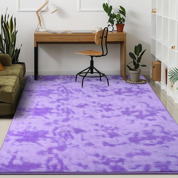Kimicole 6x9 Washable Area Rugs for Living Room Bedroom, Large Low Pile Ulta-Thin Solid Color Rug, Non-Slip Soft Fluffy Carpet for Nursery Kids Room Dorm Room Home Decor (Purple)