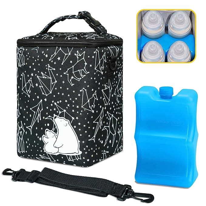 Breastmilk Cooler Bag with Ice Pack Fits 4 Baby Bottles Up to 9 Ounce Insulated Baby Bottle Bag Breast Milk Cooler on The Go with Strap Baby Bottle Cooler Bag for Nursing Mom Daycare or Travel