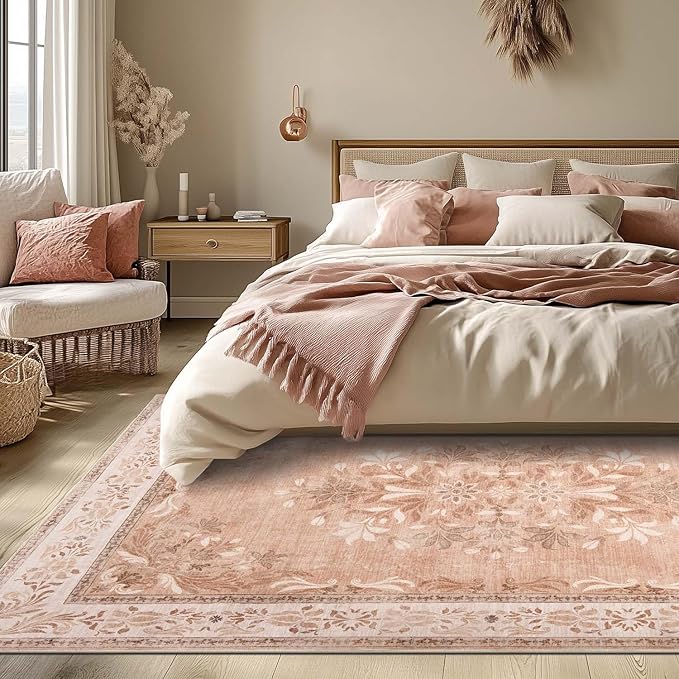 jinchan Vintage Floral 4x6 Area Rugs - Machine Washable Distressed Design Soft Ultra-Thin Low-Pile Non-Slip Carpet for Entryway Kitchen Bedroom Nursery Living Room Dining Room (4x6ft,Coral Pink)