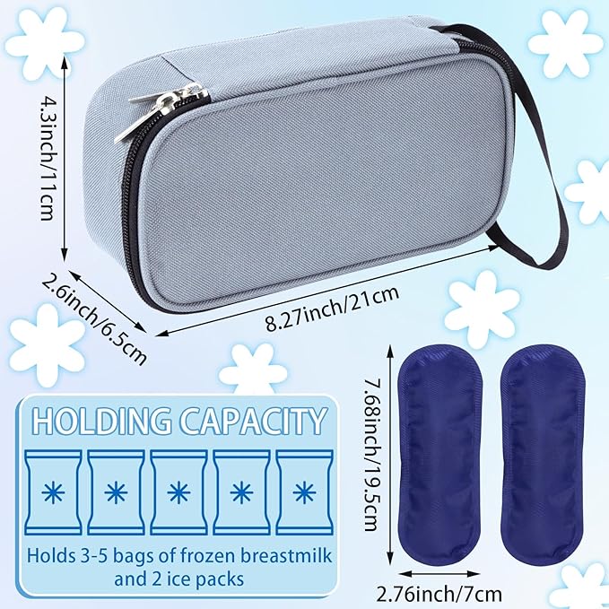 Breastmilk Cooler Bag with Ice Pack, Portable Insulated Breast Milk Storage Cooler Bag, Small Stylish Breastmilk Storage Bag Cooler with Wrist Strap (Grey)
