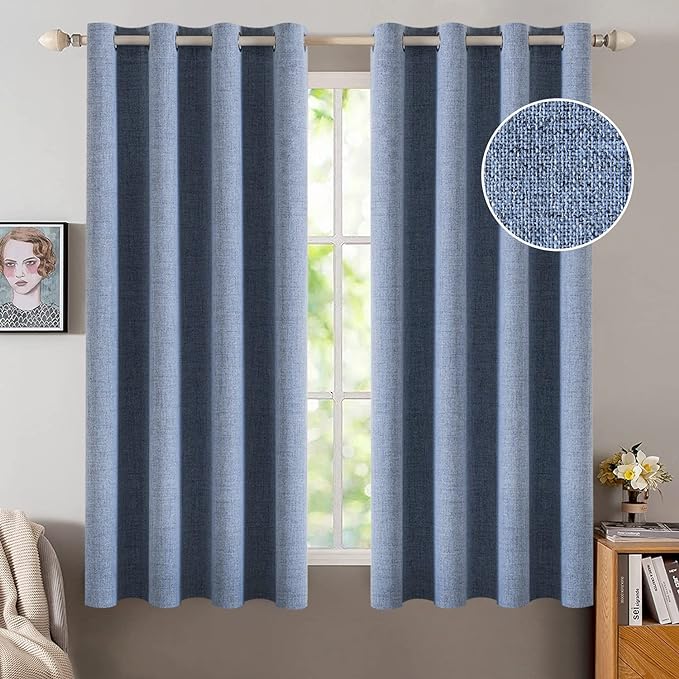 MIULEE Linen Texture Curtains for Bedroom Solid 100% Blackout Thermal Insulated Stone Blue Curtains Grommet Room Darkening Drapes Luxury Decor for Living Room Nursery 52x45 Inch (2 Panels)