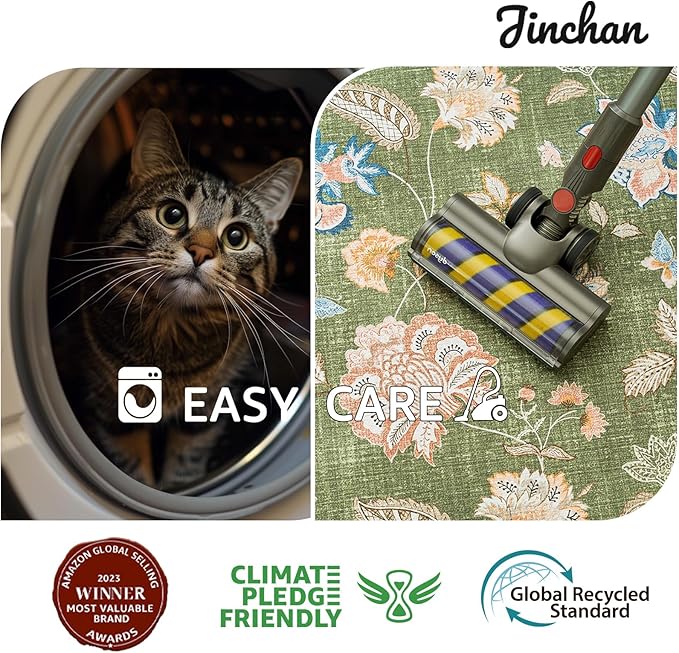 jinchan 8ft Floral Round Rug for Dining Room Washable Living Room Rug Vintage Romance Design Non Slip Indoor Floor Cover Lightweight Low-Profile Throw Carpet for Bedroom Porch Patio, Green