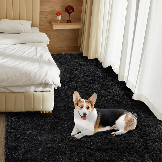 Ultra Soft Rug for Living Room, 4X6 Fluffy Shag Area Rug for Bedroom, Modern Shaggy Carpets Fuzzy Rug for Teens Dorm Nursery Home Decor Aesthetic, Upgrade Anti-Skid Durable, Black
