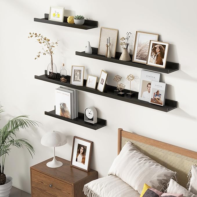 Picture Ledge Shelf for Wall, 48 inch Solid Pine Wood Nursery Book Shelves 2 Packs, Floating Ledge Shelves for Kids' Room Bedroom Bathroom Living Room Photo Frames Office Nursey Wall Decor, Black