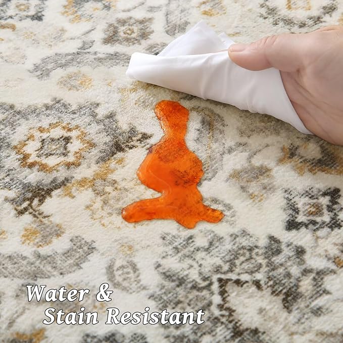 Washable 8x10 Area Rugs for Living Room, Boho Non-Slip Silicone Backing Rugs for Bedroom Dining Room Nursery Office, 0.3" Neutral Oriental Throw Carpet with 0.16" Cushioning Pad, Grey/Multi