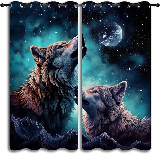 Wolf Blackout Curtains for Boys Girl Bedroom Decor,Starry Sky Howling Wolf Under The Full Moon Thermal Insulated Grommet Drapes Darkening Window Curtain for Living Room Home 42x63 inch