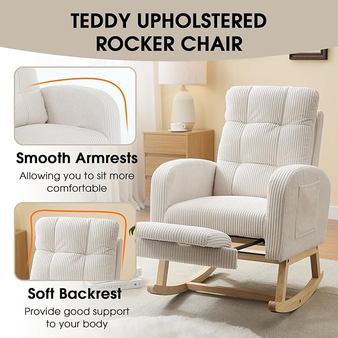 NIOIIKIT Nursery Rocking Chair, Corduroy Upholstered Rocking Chair with Adjustable Footrest, Tufted Rocker Chair with Side Pocket, Glider Rocker for Living Room, Bedroom (Cream Retro)