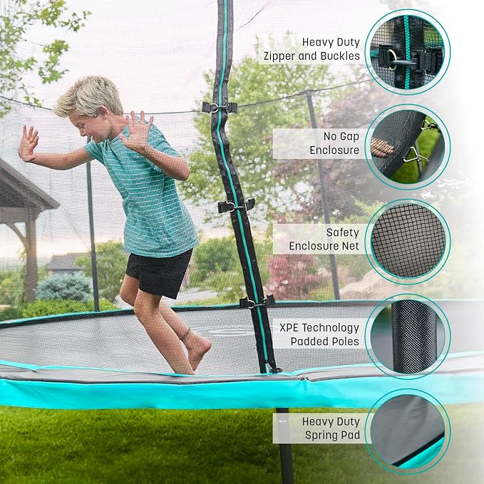 SKYWALKER TRAMPOLINES 12 FT 15 FT Round Trampoline with Safety Enclosure Net, 9 x 15 FT Rectangle Outdoor Trampoline, Recreational Trampoline for Kids