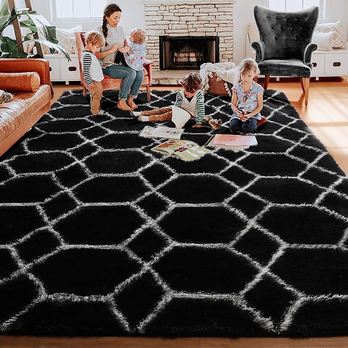ONASAR 8x10 Area Rugs for Living Room, Fluffy Black and White Bedroom Rug, Washable Geometric Boho Large Soft Plush Shaggy Fuzzy Floor Carpet for Nursery Kids Classroom Playroom Dorm Home Decor