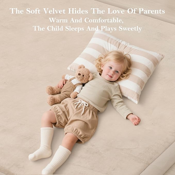 Baby Play Mat for Floor, 1.3" Thick Memory Foam Muscle Playpen Cushion, Soft Coral Velvet Tummy Time Mat with Non-Slip Backing, Water Repellent Child Nursery Rug for Toddlers, Kids (Beige, 39X59)