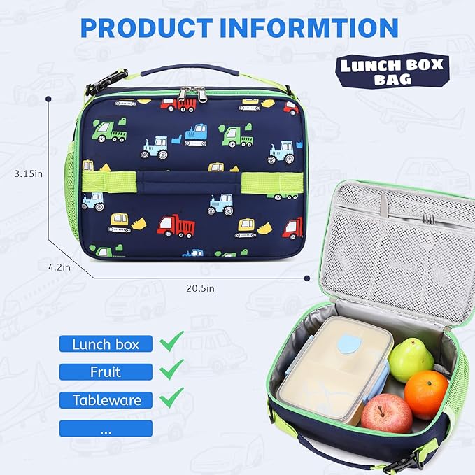 mygreen 3PCS Kids Backpack Set - Waterproof Bookbag with Lunch Box for Boys Ages 3-12, Adorable Cartoon Prints for School & Outdoor Use Dark Blue Cars