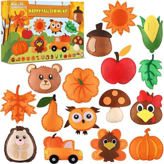 ZOIIWA 16 Sets Fall Sewing Kit Autumn DIY Stuffed Craft Kit Fall Pumpkin DIY Sewing Set for Kids Thanksgiving Felt Ornaments Decorations for Beginners Educational Craft Toys Gifts for Boys Girls