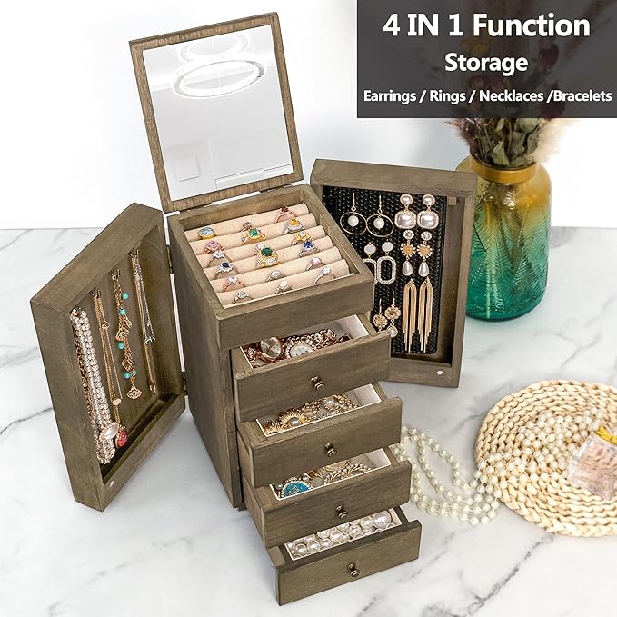 Meangood Jewelry Box Wood for Women, 5-Layer Large Organizer Box with Mirror & 4 Drawers for Rings, Earrings, Necklaces, Vintage Style, Weathered Grey
