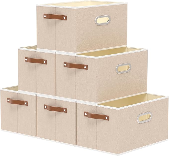 Yawinhe Fabric Storage Bins with Handles, Foldable Baskets for Shelves, Cubes with 3 Handles, Large Boxes for Clothes, Beige, 16.9''Lx11.8''Wx10.2''H, 6-Pack