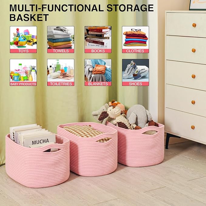 Storage Baskets for Organizing Shelves, Pink Basket for Nursery, Woven Cotton Rope Baskets for Storage, Towel Basket for Bathroom, 15"x11"x9.5", 3 Packs, Light Pink