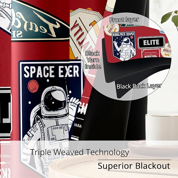 Kids Space Astronaut Blackout Curtains - 100% Blackout, Thermal Insulated, Noise Reducing, Perfect for Kids Room and Nersurys, 2 Panels (Space Badge Crew, W52×L63)