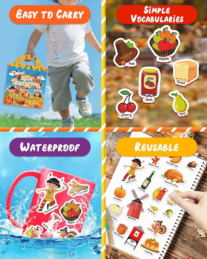 Benresive Reusable Sticker Book for Toddlers 2-4 Years, Fun Travel Stickers for Kids, Waterproof Sticker Books for Toddlers 1-3, Crafts Activities for Todddlers 1-3 2-4 3-5 - Thanksgiving
