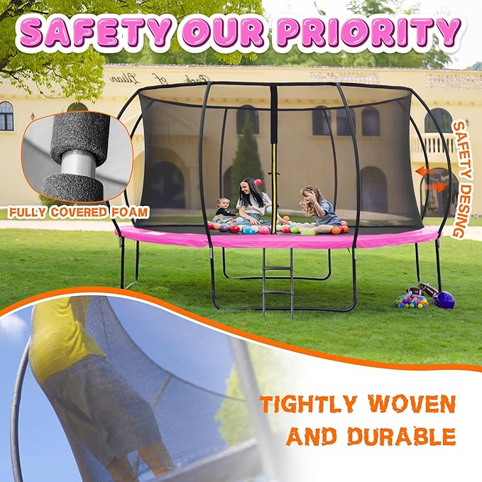 Trampoline 8FT 10FT 12FT 14FT 16FT, Recreational Trampolines with Enclosure Net and Ladder, Outdoor Anti-Rust Trampolines for Kids and Adults, ASTM Approved