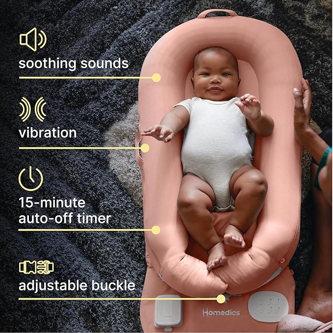 MyBaby 3-in-1 Calming Baby Cushion, Soothing Comfort for Newborns & Infants, Snuggling Sensation, Sound and Vibration, Designed for Safety, Rechargeable & Machine-Washable, by Homedics, Coral
