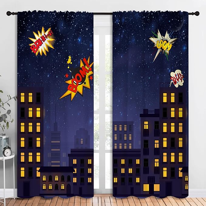 Super Hero Rod Pocket Blackout Curtains for Boy Girl Bedroom, Exploding City Starry Cartoon Skyline Home Energy Efficient Light Filtering Window Curtain for Living Room, 84x84 inch