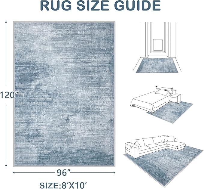 Area Rugs 8x10 Living Room: Washable Rug Modern Abstract Large Rugs Soft Non Slip Neutral Rug Stain Resistant Indoor Carpet for Bedroom Kitchen Dining Room Table Nursery Home Office Rugs(Blue,8'x10')