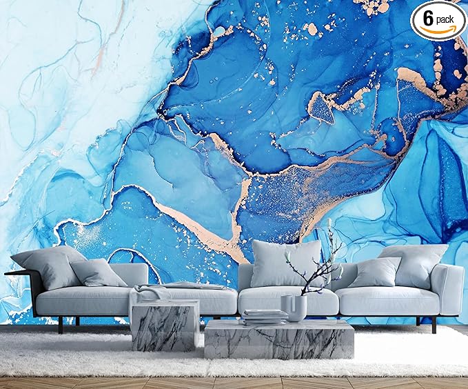 Blue Marble Wallpaper Abstract Gold Art Mural Wallpaper for Living Room Bedroom Dining Room Basement(Not Self-Adhesive)
