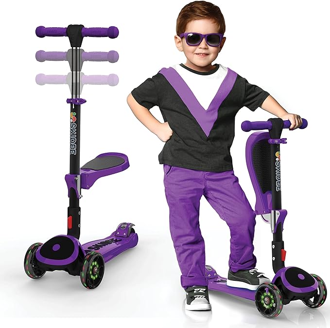 SKIDEE Kick Scooters for Kids Ages 3-5, Adjustable Height Foldable Scooter with Removable Seat, 3 LED Light Wheels, Rear Brake, Wide Standing Board, Suitable Up to 12 Year Old Boys/Girls