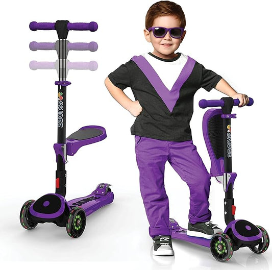 SKIDEE Kick Scooters for Kids Ages 3-5, Adjustable Height Foldable Scooter with Removable Seat, 3 LED Light Wheels, Rear Brake, Wide Standing Board, Suitable Up to 12 Year Old Boys/Girls