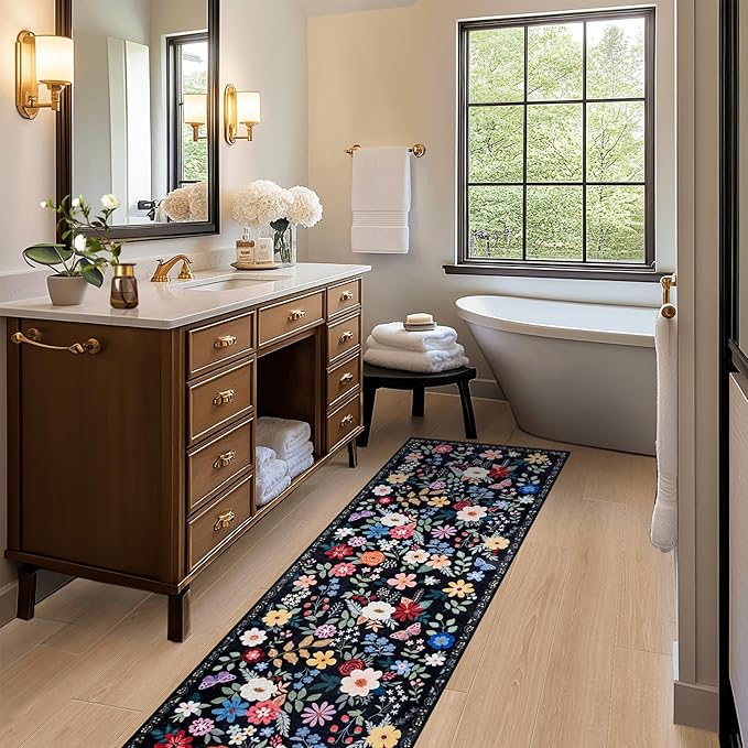 Runner Rug for Entryway: 2x10 Kitchen Rugs Non Slip Washable Ultra-Thin Soft Floral Carpet Indoor Floor Stain Resistant Carpets for Hallway Bedroom Kitchen Laundry Bathroom Dorm Black