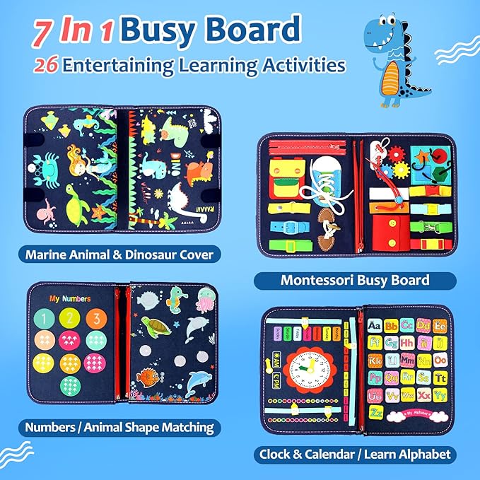 Qizfun Busy Board Montessori Toy for 1 2 3 4 Years Old, Educational Activity Sensory Board Preschool Learning Fine Motor Skills Toys, Toddler Travel Toy for Plane Car, Gift for Boys Girls (Blue/P4)