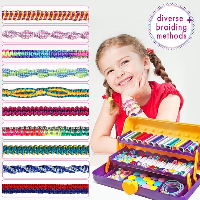 Friendship Bracelet Making Kit with Storage Box,DIY String Bracelet Arts and Craft for Girls Aged 8-12,Kids' Travel Activity Toy Set,Birthday Gifts for Ages 6 7 8 9 10 11 12 Year Old (Yellow/Purple)
