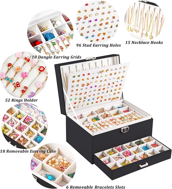 Earring Jewelry Box for Women Girls Stud Organizer, 5 Layers Black Jewelry Organizer Box With Lock Earring Holder Organizer Ring and Necklace Jewelry Box with Earrings Holder for Women Girls
