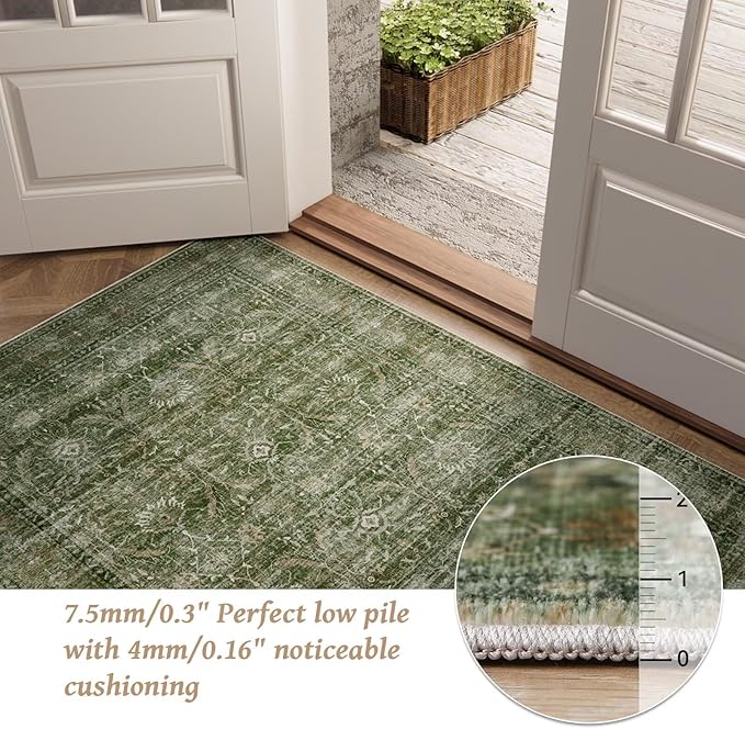 Washable 8x10 Area Rugs for Living Room, Boho Non-Slip Silicone Backing Rugs for Bedroom Dining Room Nursery Office, 0.3" Neutral Oriental Throw Carpet with 0.16" Cushioning Pad, Grass Green/Multi
