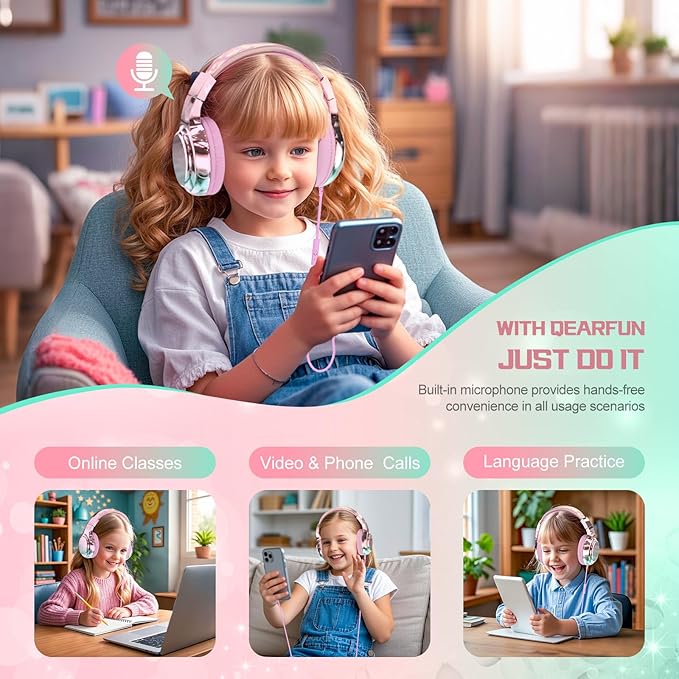 QearFun Kids Headphones Wired with Mic, 85/94dB Safe Volume Limit, Foldable Over Ear, Tangle-Free Cord & Sharing Port, Wired On-Ear Headset for School, Chromebook, Tablet, Travel - Boys & Girls