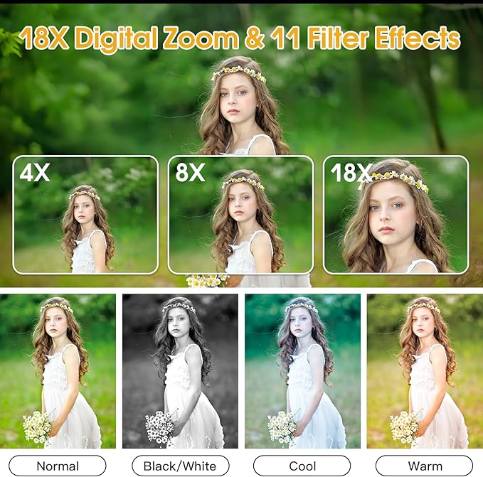 4K Digital Camera for Teens, FHD 64MP Digital Camera for Kids with 64GB SD Card, 18X Digital Zoom Cameras for Photography, Point and Shoot Video Camera for Kids, White