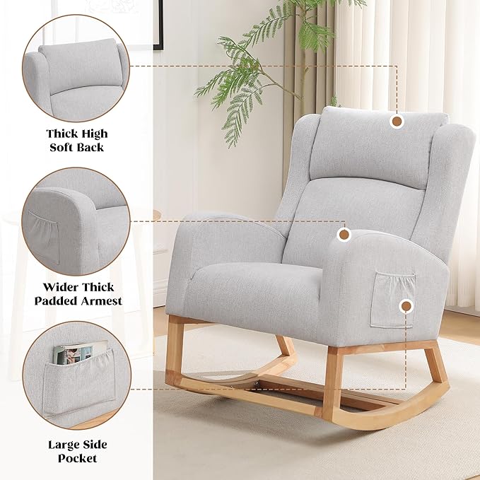 Rocking Chair Nursery, Nursing Rocking Chairs for Mom Nursery, Comfy Wingback Glider Rocking Armchair with Foot Rest and Side Pocket for Nursery Living Room Bedroom, Light Grey