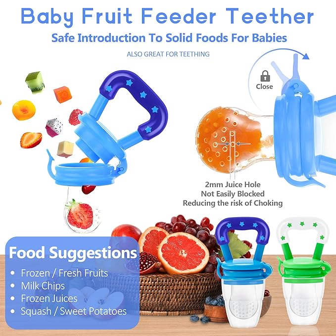 WAJIAYON Baby Fruit Feeder Pacifier - 5 Pack | 2 Baby Food Feeder Pacifier & 1 Infant Food Dispensing Spoon | Fresh Fruit Teethers for Babies | Shower Gifts for Boys and Girls (Blue & Green)