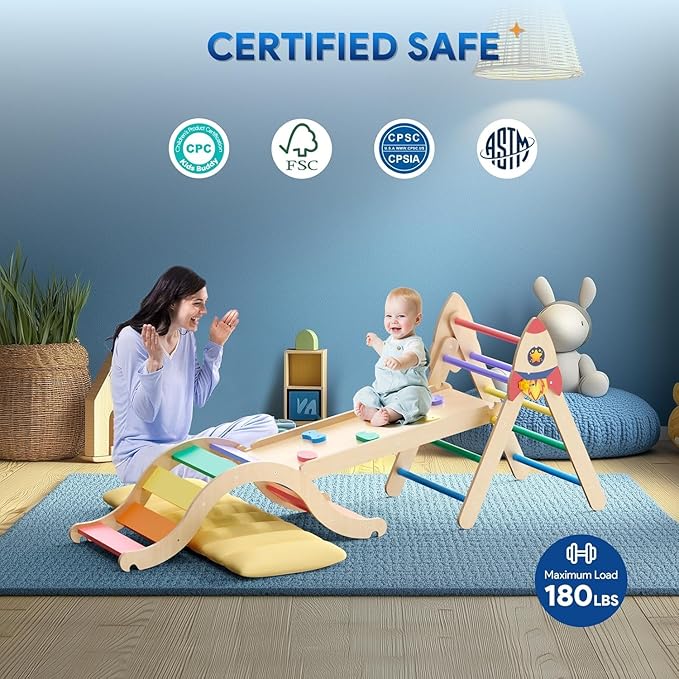 Pikler Triangle Set with Cushion, 9-in-1 Kids Climbing Toys for Toddlers 1-3 Inside, Montessori Toddler Climbing Toys Indoor, Large Wooden Pikler Triangle Climbing Set Baby Playground for Children