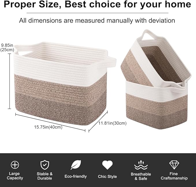 OIAHOMY Woven Storage Basket, Cotton Rope Baskets for Toys,Towel, Clothes, Used to Bathroom,Living Room,Nursery,Bedroom, 16"x12"x10"- Pack of 3, Gradient Yellow