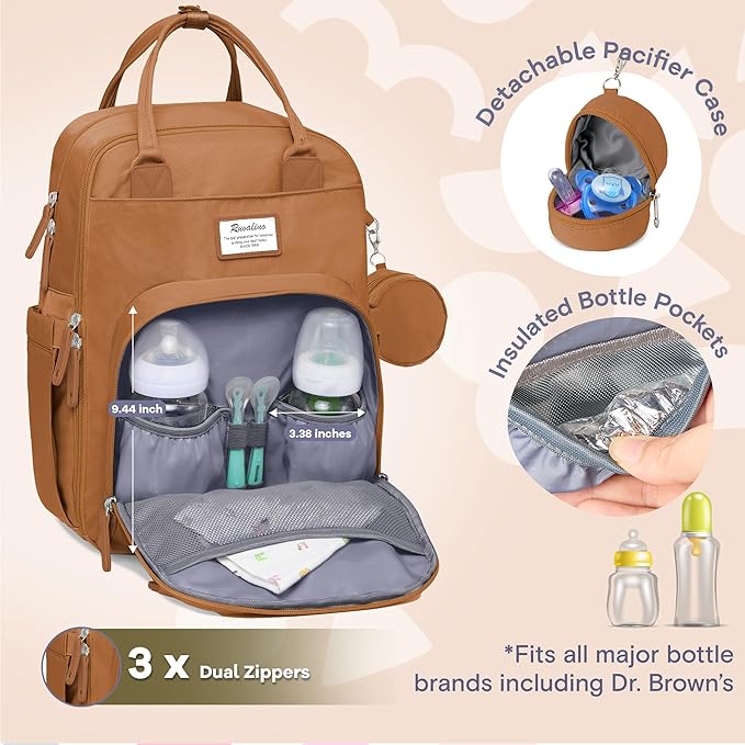 RUVALINO Diaper Bag Backpack-Multifunction Baby Travel Bag with Changing pad, Insulated Bottle Holders & Pacifier Case, Large Capacity, Waterproof, Dark Brown