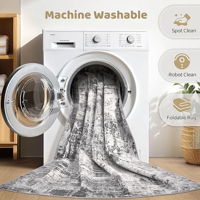 Large Area Rugs 12x15 Living Room: Washable Large Abstract Modern Soft Stain Resistant Indoor Floor Rugs Non-Slip Accent Carpet for Bedroom Nursery Playroom Office Dining Room Home House- Black Grey