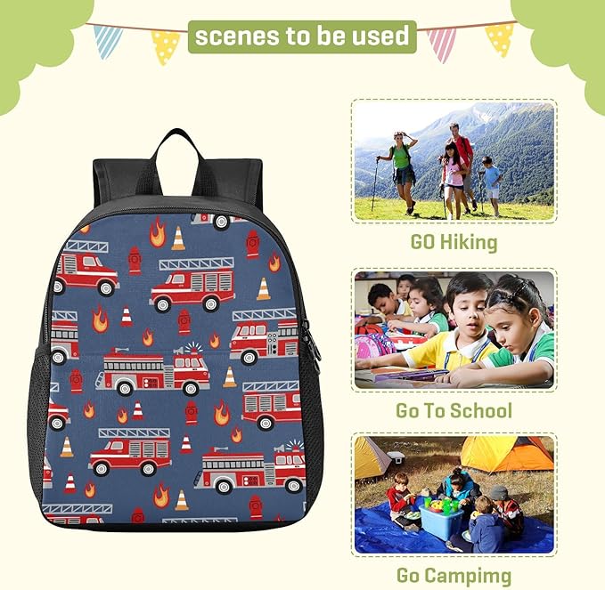 Cartoon Fire Trucks Toddler Backpack Waterproof Mini Backpack Boys/Girls Cute Small Backpack Kindergarten Pre School Bags 13 Inch