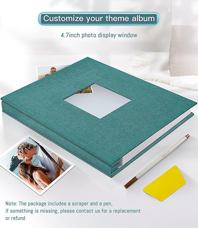 popotop Photo Album Self Adhesive with Picture Display Window,40 Pages DIY Scrapbooking Supplies Kit for 4x6 10x12 Picture,Linen Cover Memory Book for Baby Wedding, with Scraper and Metallic Pen