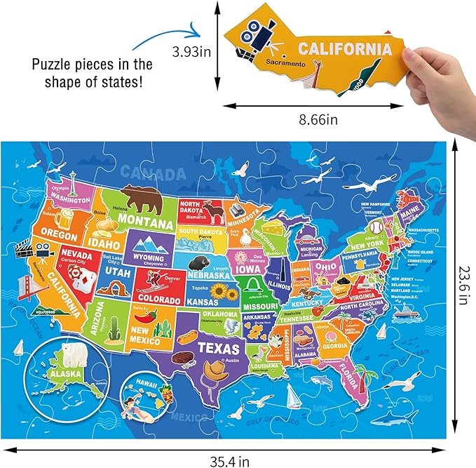 Jumbo Floor Puzzle for Kids,USA Map Puzzle Jigsaw Geography Puzzles,70 Piece US Map 50 States with Capitals,United States Puzzle for Ages 3-5,Preschool Learning Toys Gift for 4-8 Years Old
