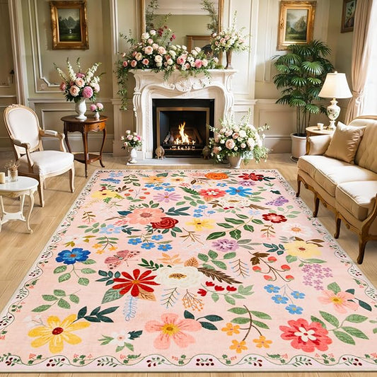 8x10 Area Rugs for Living Room: Floral Washable Rug Vintage Large Soft Boho Non-Slip Carpet Indoor Floor Stain Resistant Carpets for Bedroom Dining Room Farmhouse Nursery Home Office Beige